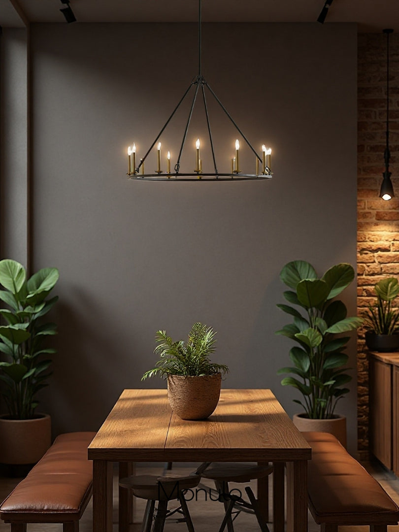 Lámpara de araña con forma de rueda de carro de Rowan Candle - Iluminación rústica con ruedas redondas