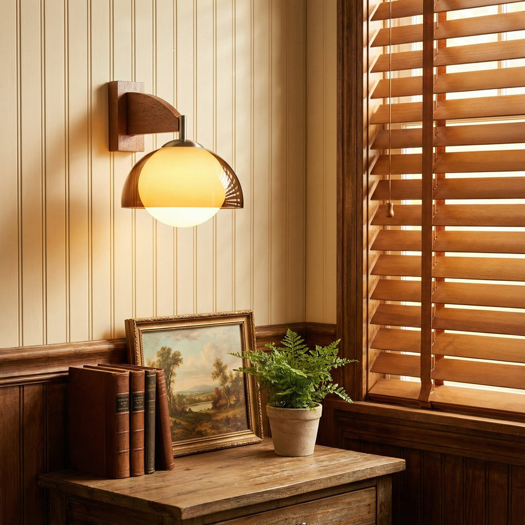 Applique murale Sunset Vintage Modern – Lampe à double abat-jour de la série Sunset avec base texturée en bois