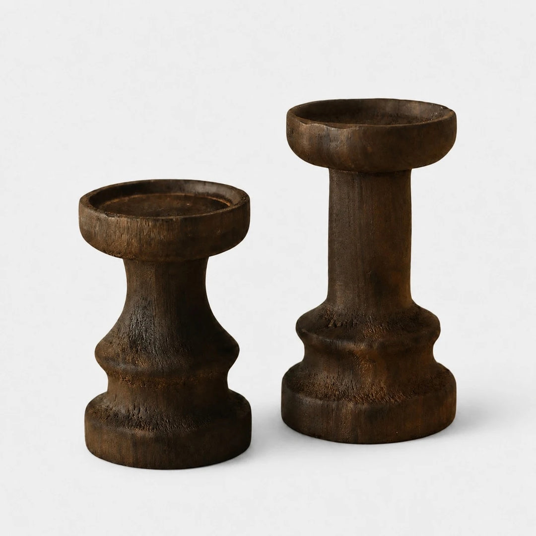 Tall and short solid wood candle holder set of two