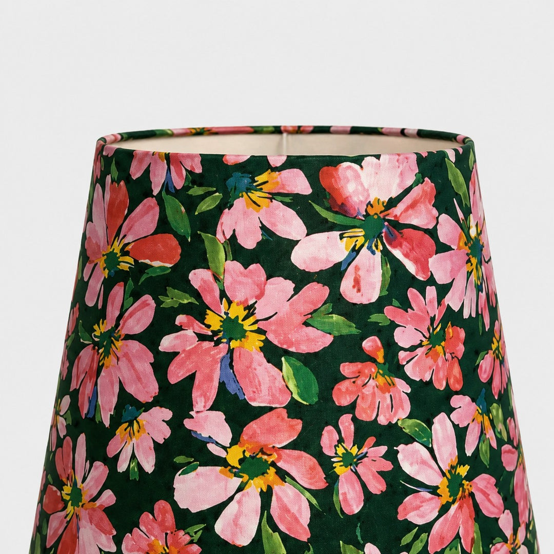 Close-up of pink floral Liberty fabric lampshade texture and bound rim