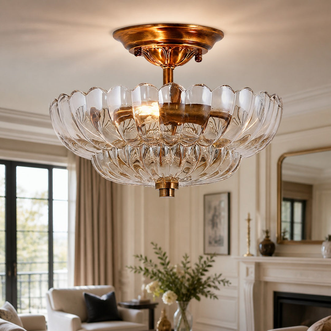 Floral Brass and Amber Glass Semi-Flush Ceiling Light