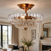 Floral Brass and Amber Glass Semi-Flush Ceiling Light