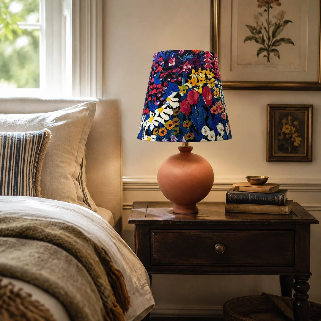 Painter floral table lamp styled in a bedroom