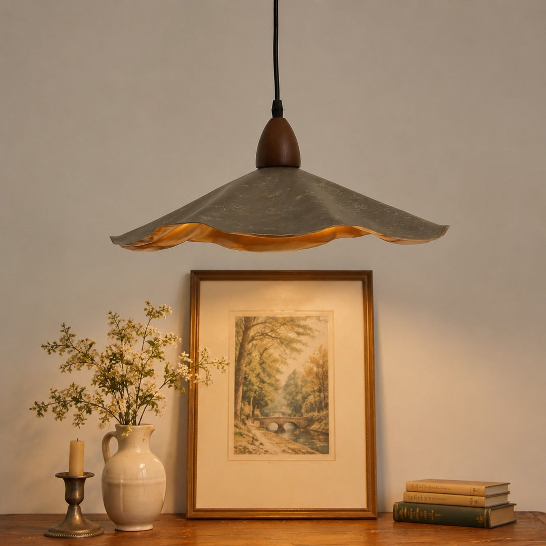 Vintage Wavy Pendant Light with Aged Metal Shade