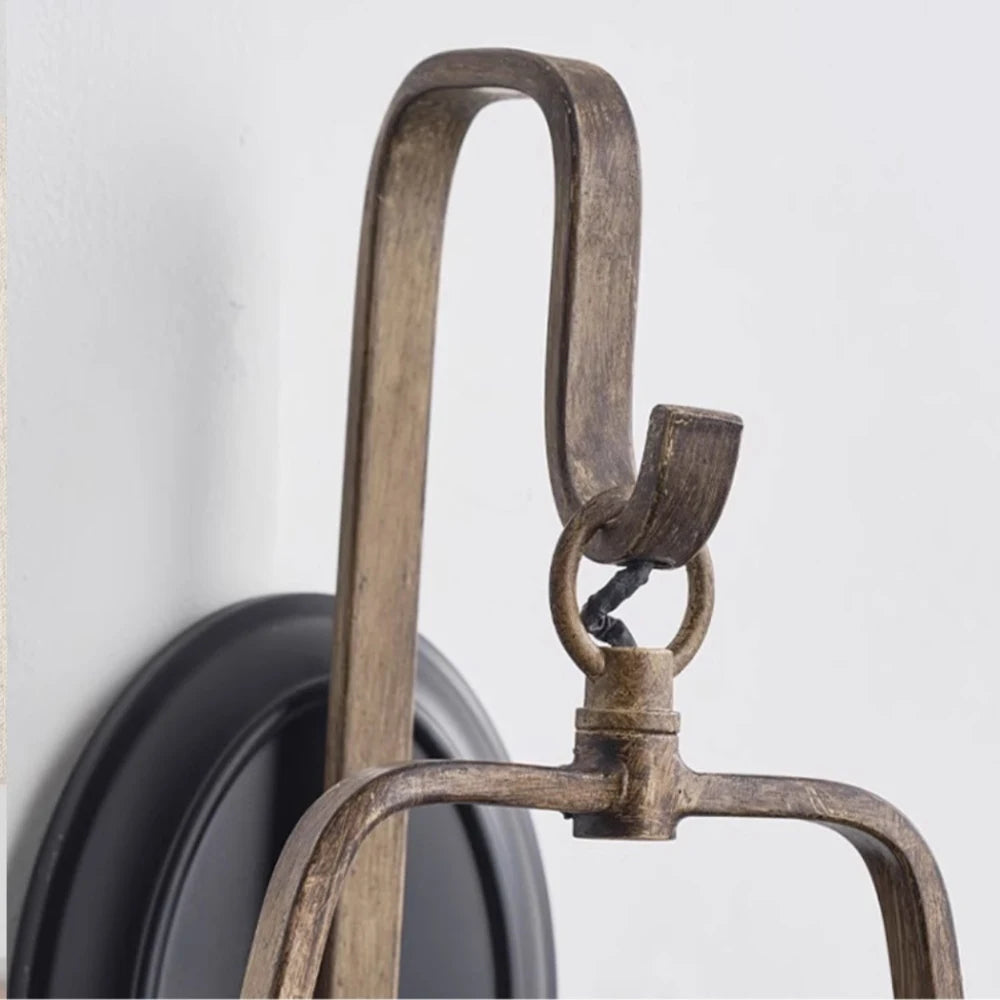 Close view of rust finish metal hook and wall plate