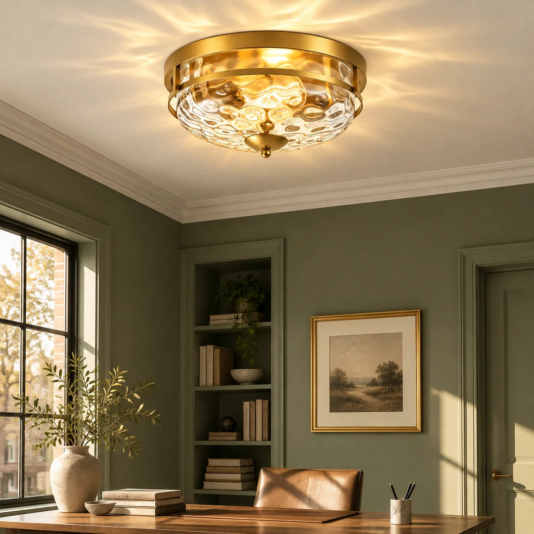 Hammered Glass Flush Ceiling Light with three finishes and a broad glass shade - New2609-1024589 scene 4