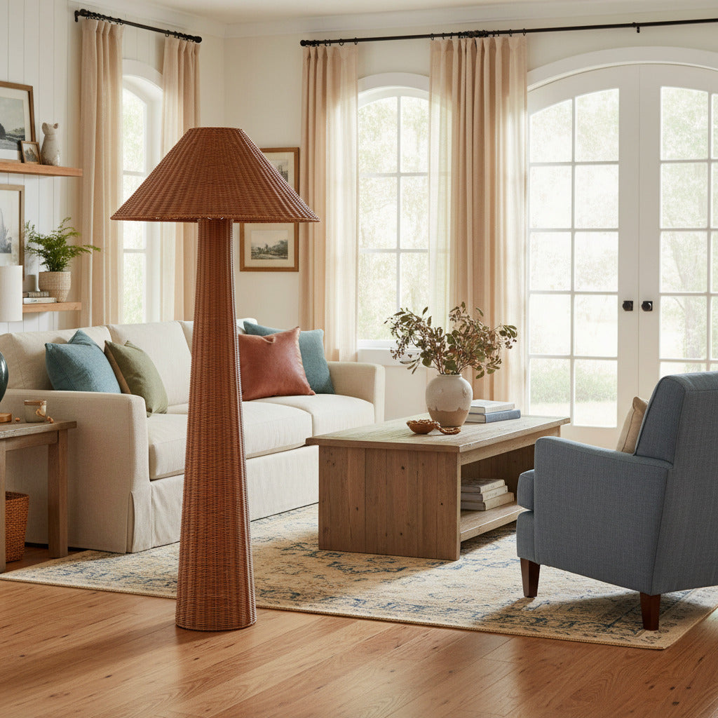 Lámpara de pie tejida Wickara: diseño escultural de ratán con estilo de ratán natural, adecuada para sala de estar y dormitorio.