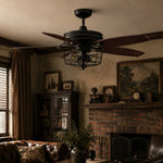 Cargar imagen en el visor de la Galería, Black wood blade ceiling fan light in a vintage room