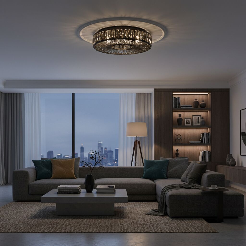 Glomar Glass Round Flush Ceiling Light - Modern Metal Glass Finish Living Areas