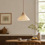 Charger l'image dans la visionneuse de galerie, Natural linen pendant light above a quiet reading corner with wood furniture