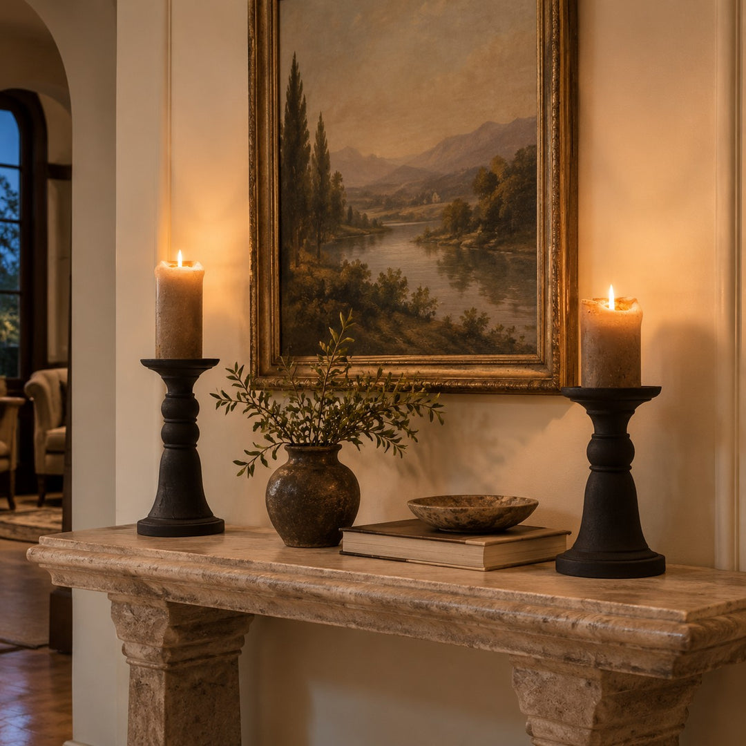 Black Pillar Candle Holder with Sculptural Pedestal Base