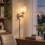Bild in Gallery-Viewer laden, The same desk with a ribbed-glass sconce glowing at dusk