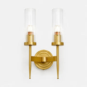 Double-head brass wall lamp with ribbed glass shades