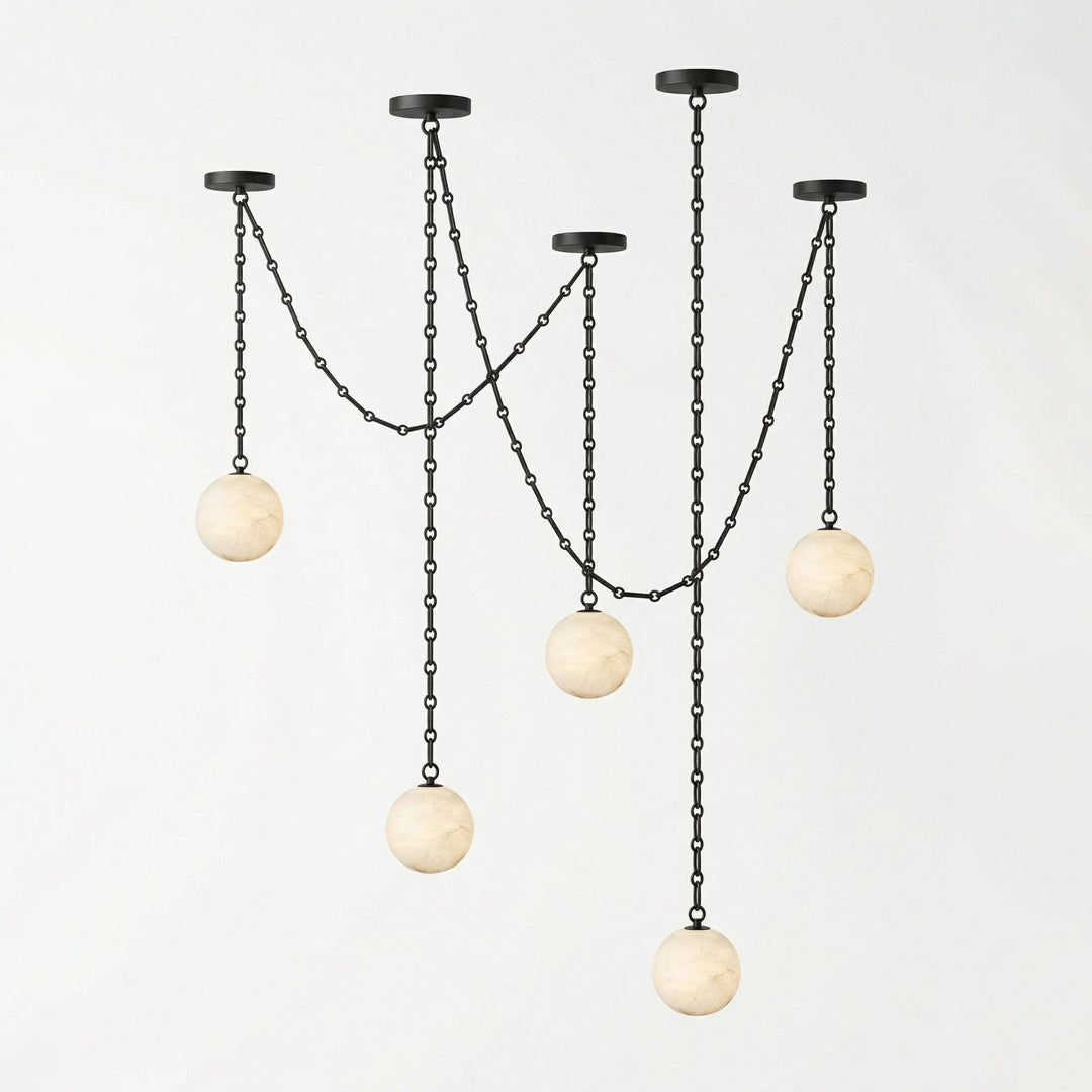 Black Metal Alabaster Globe Hardwired Chandelier