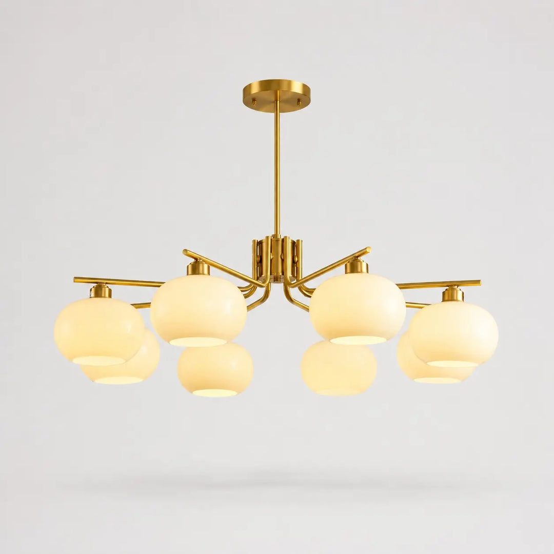 Solid brass gold eight-light milk glass chandelier