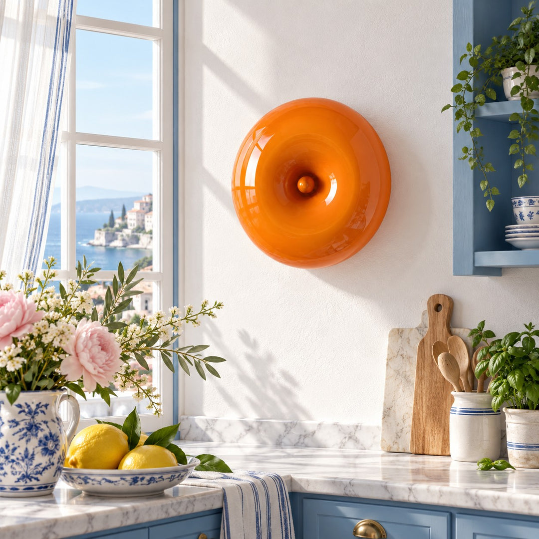 Round Disc Centre Button Blown Glass Wall Light