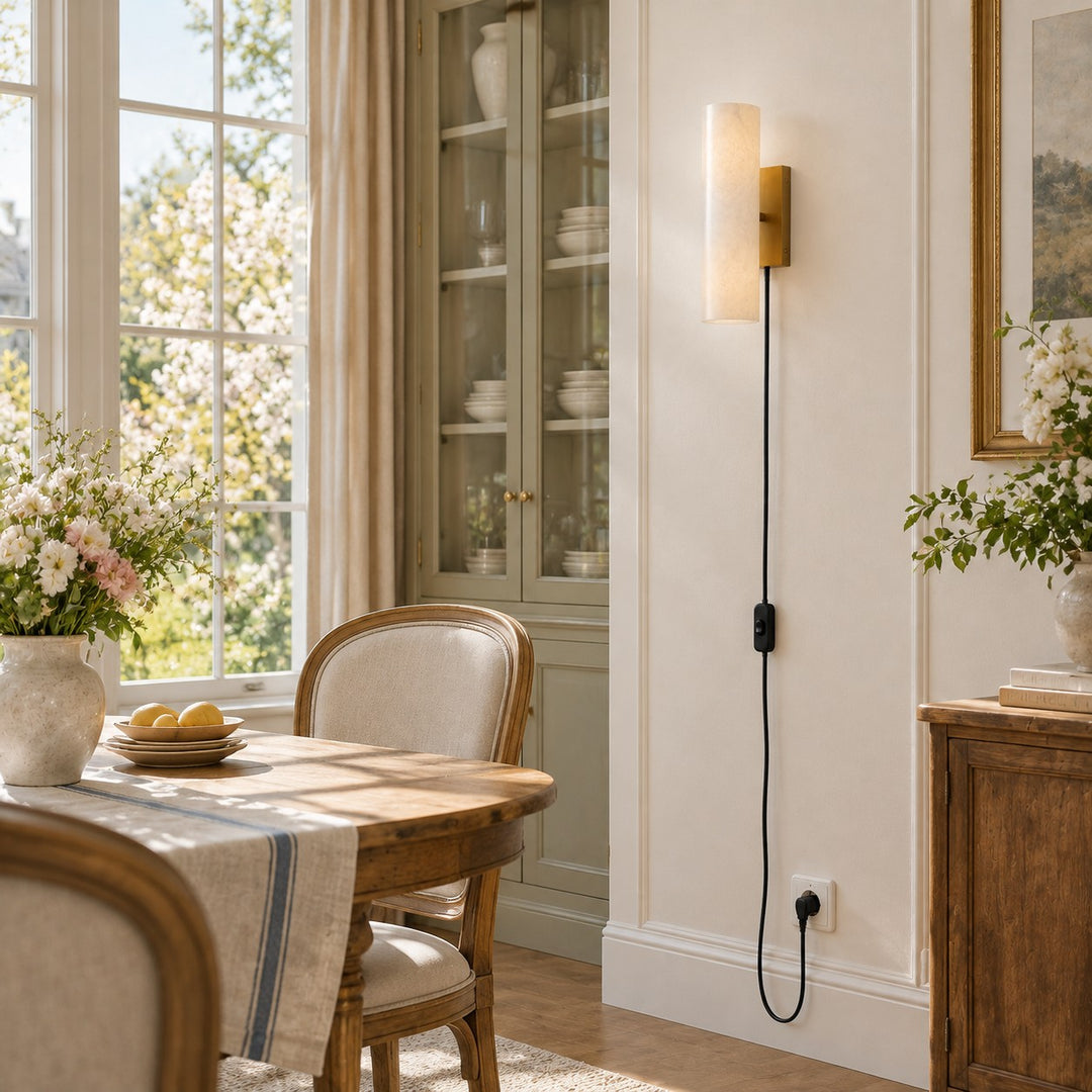 Wolvina Plug-In Natural Marble Tube Wall Sconce