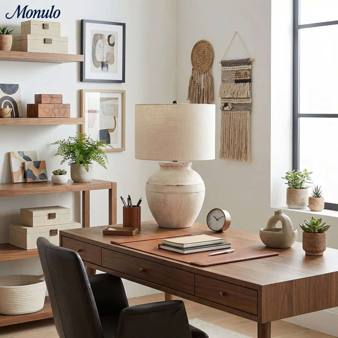 Lampe de table Ceruna à base en céramique texturée avec abat-jour en tissu - Éclairage moderne de chevet pour chambre à coucher