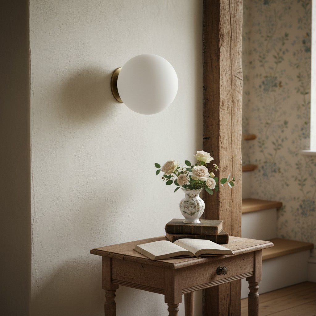 Glorica Glass Brass Wall Sconce - Frosted Globe Classic Light For Warm Ambiance