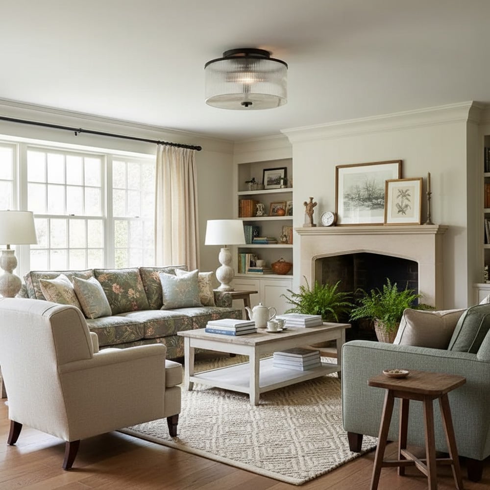 Rivora Vintage Ribbed-Glass Drum Flush Ceiling Light for Living Room