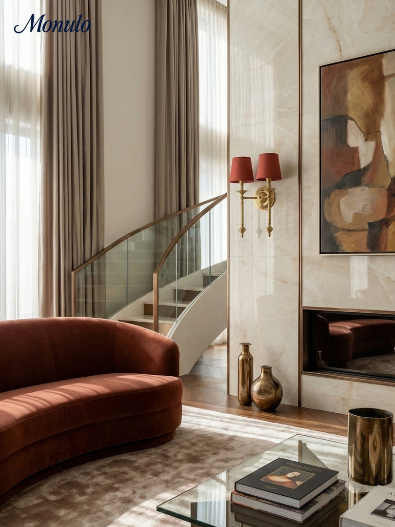 Aplique de pared con pantalla de tela Rowan en cobre antiguo: lámpara vintage de lujo para interiores 