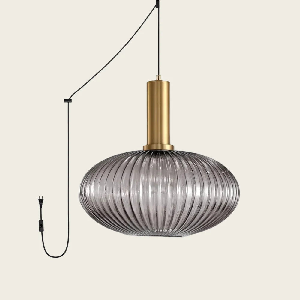 Smoky Grey Model C ribbed glass plug-in pendant light