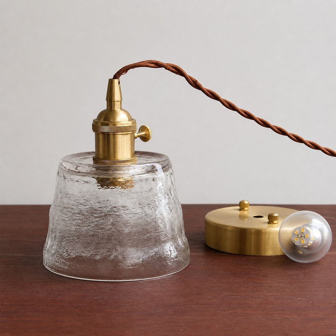 Clear hammered glass pendant light with canopy and cord