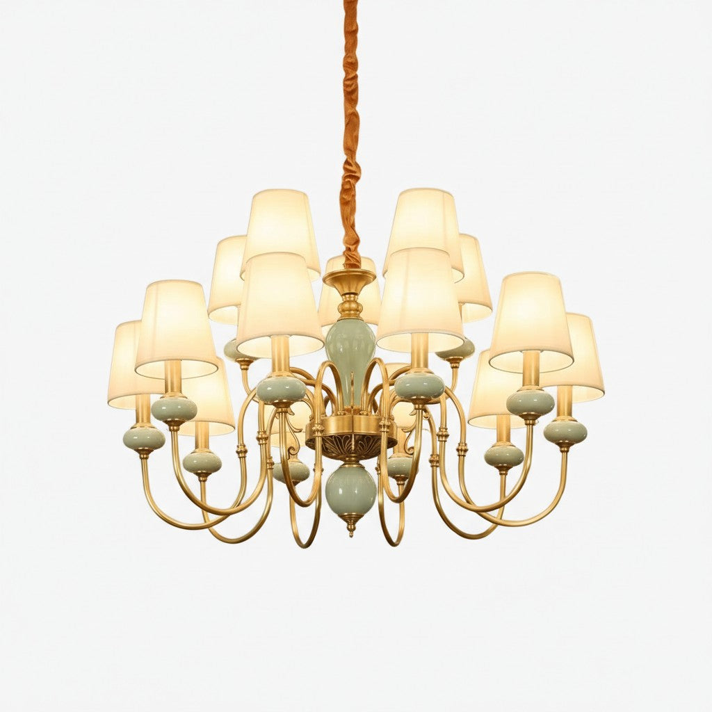 Lustre Branche Série Altoris avec Abat-jours en Tissu – Lustre en Laiton et Céramique pour Salon