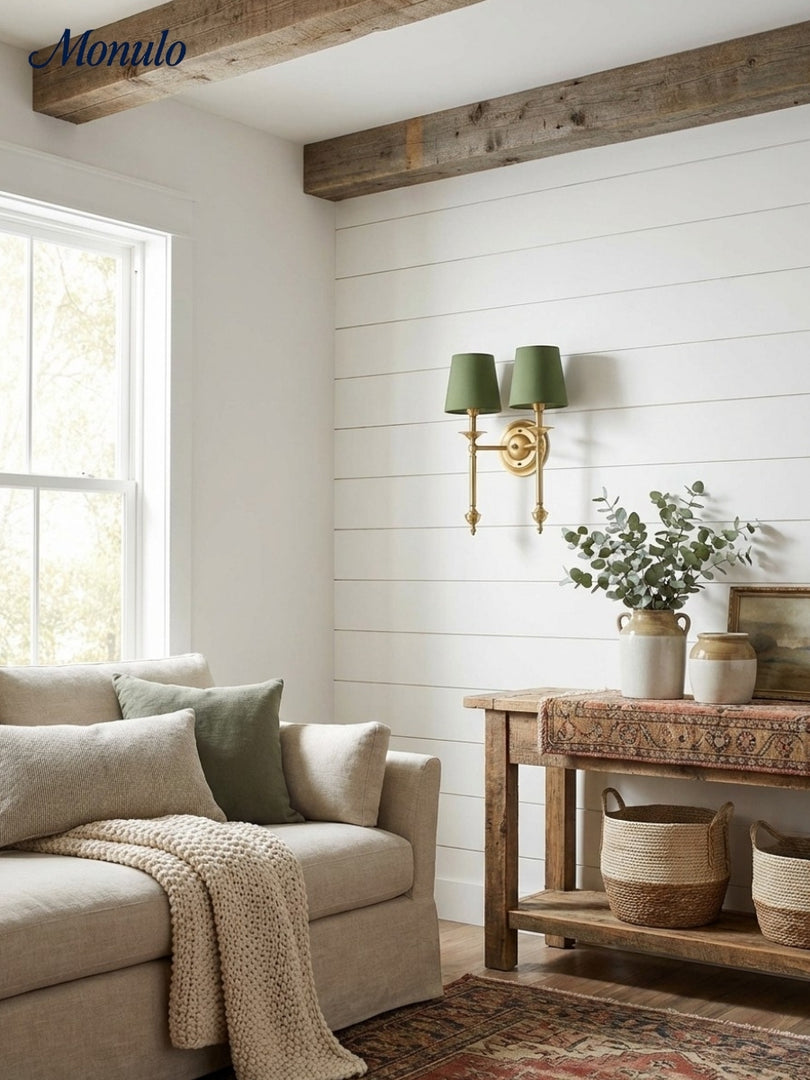 Aplique de pared con pantalla de tela Rowan en cobre antiguo: lámpara vintage de lujo para interiores 