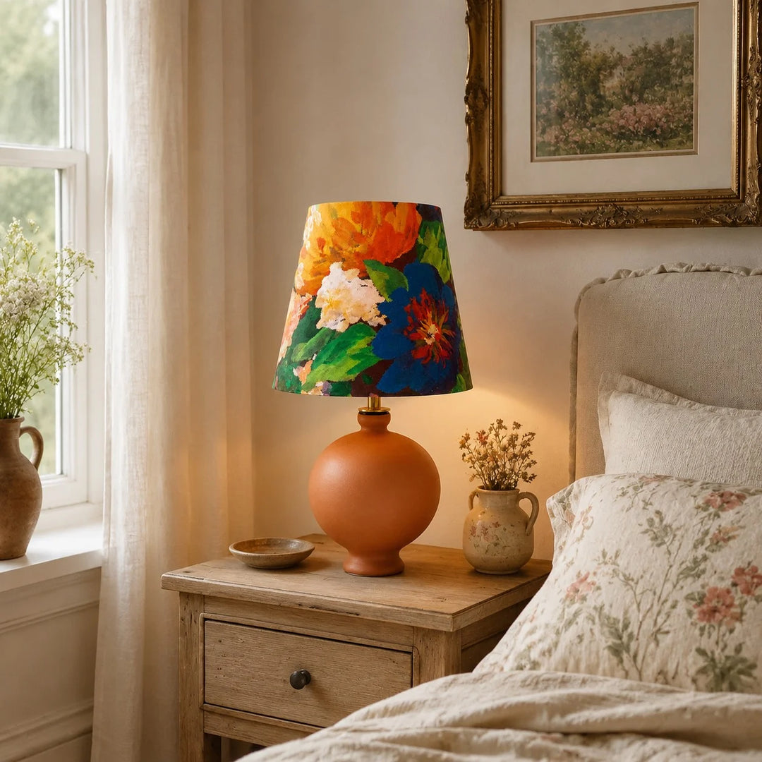 Art Bouquet floral table lamp styled on a bedside table