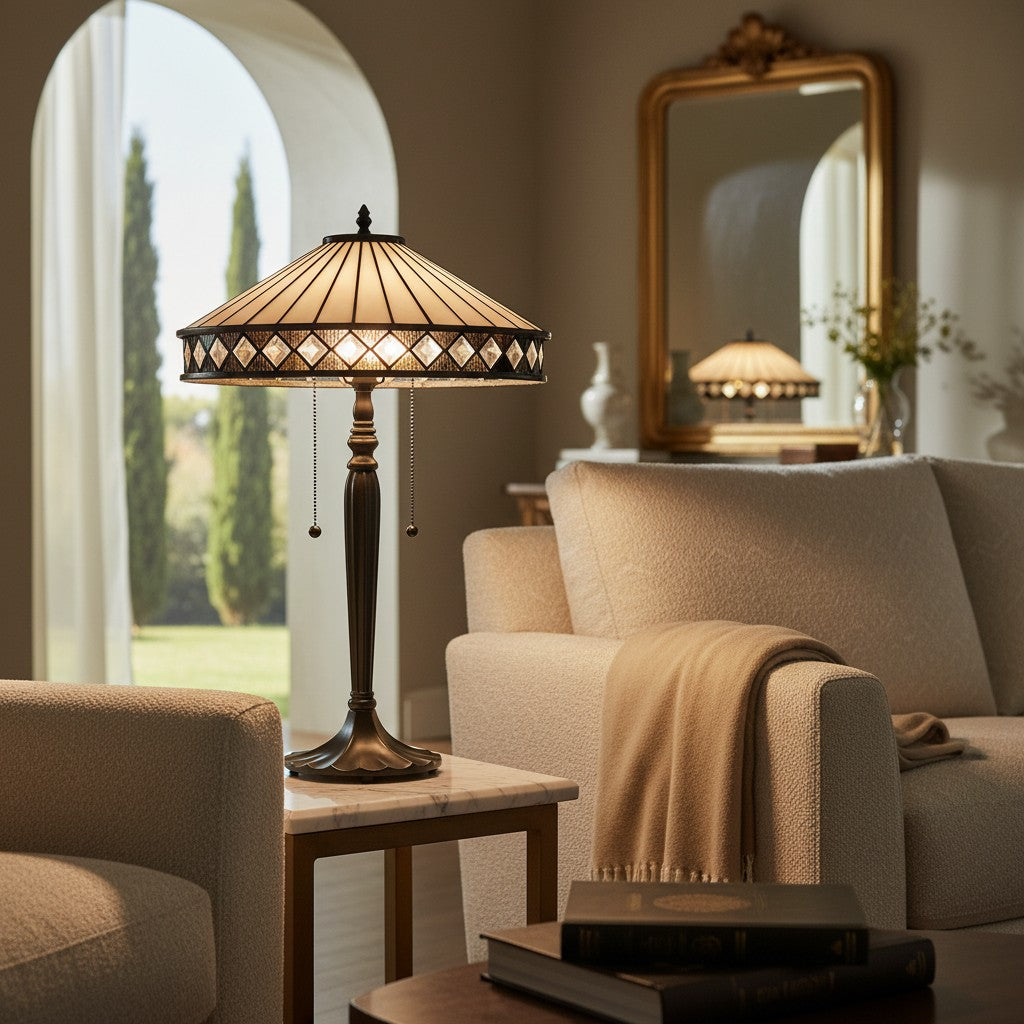 TF Geometric Stained Glass Table Lamp with Amber and Cream Panels – Tiffany Style Accent Lamp for Bedroom and Study