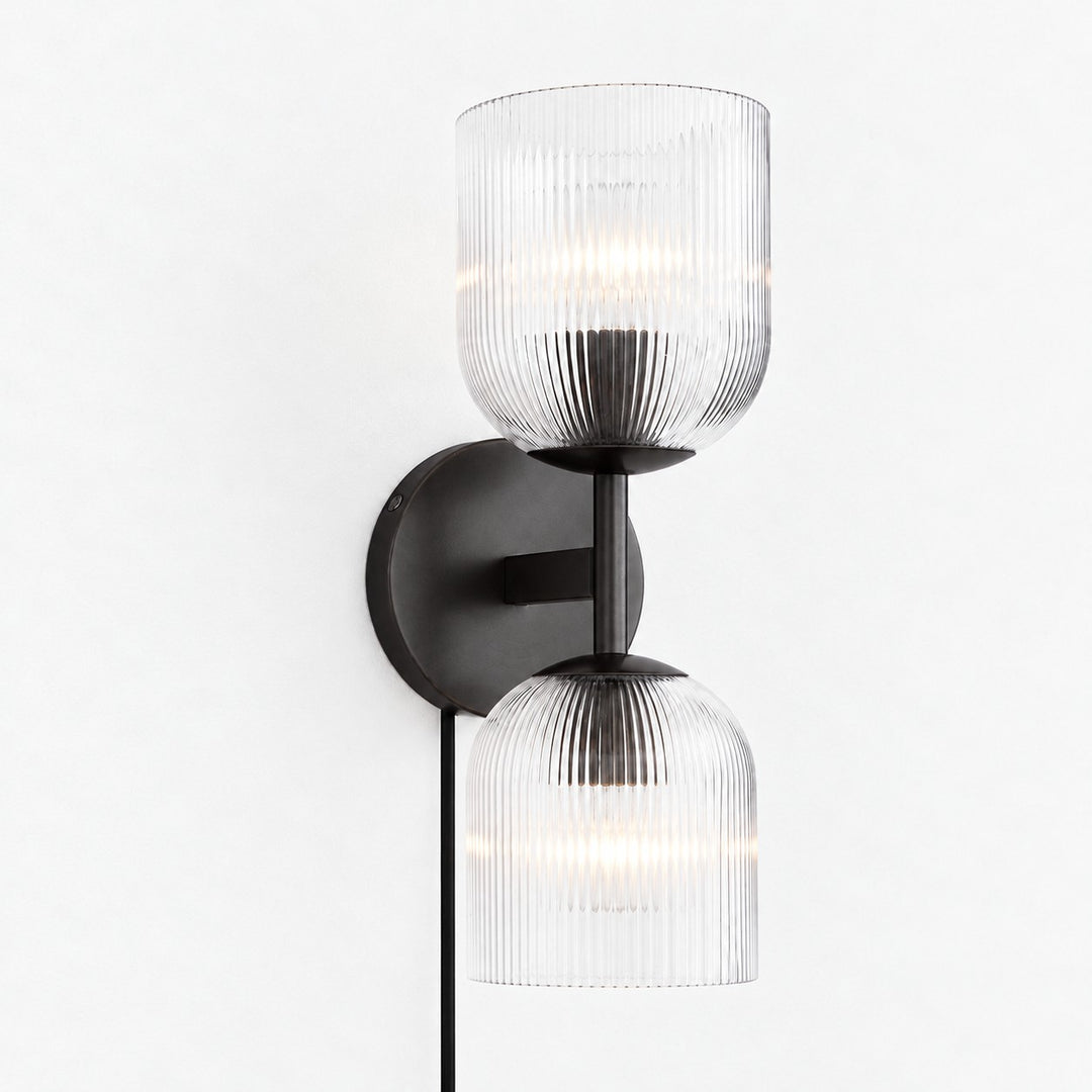 Black ribbed-glass wall sconce, two lights
