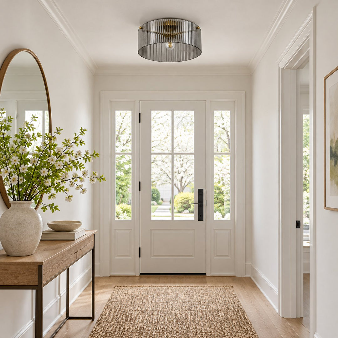 Smoke ribbed glass ceiling light in a spring entry