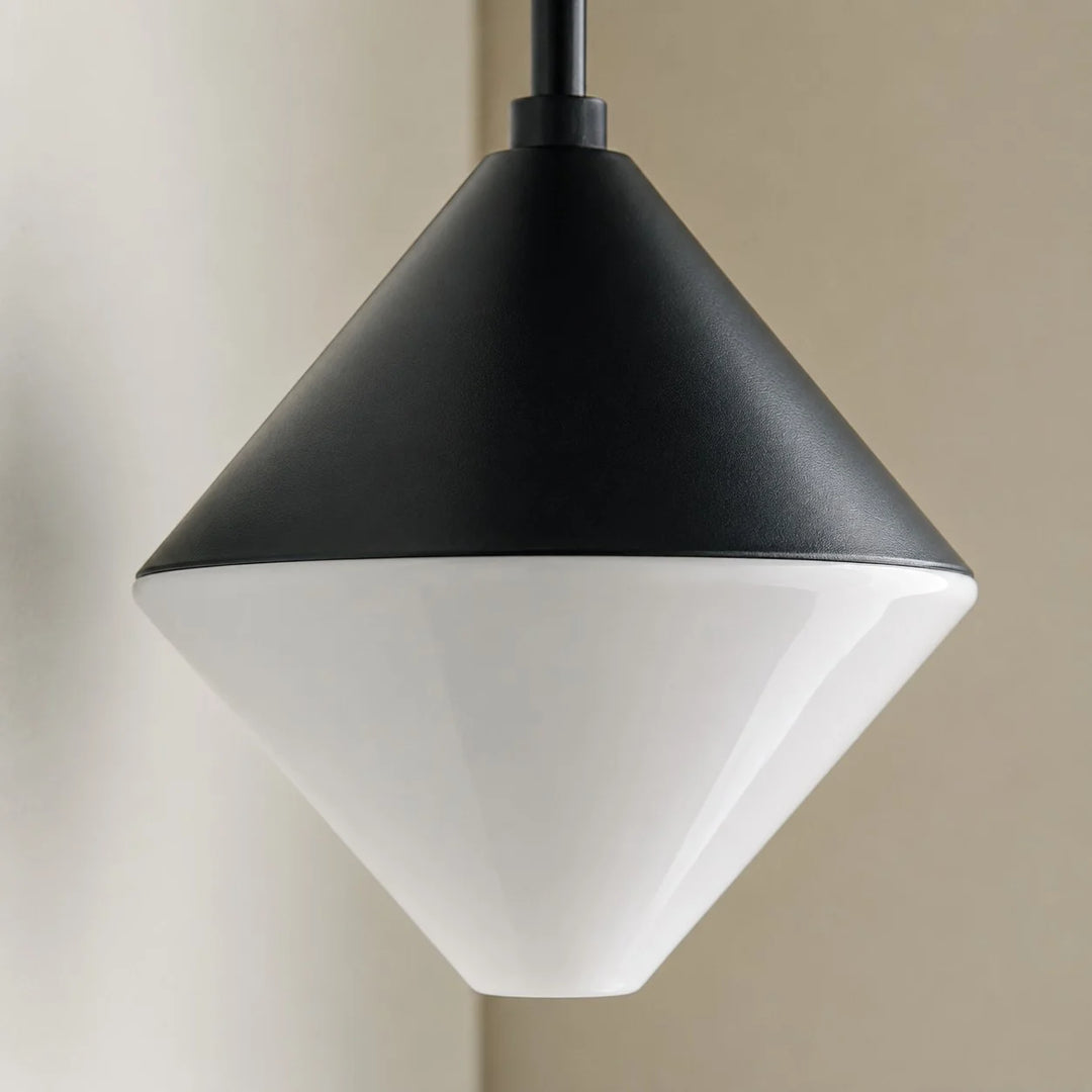 close detail of black cone shade and white diffuser