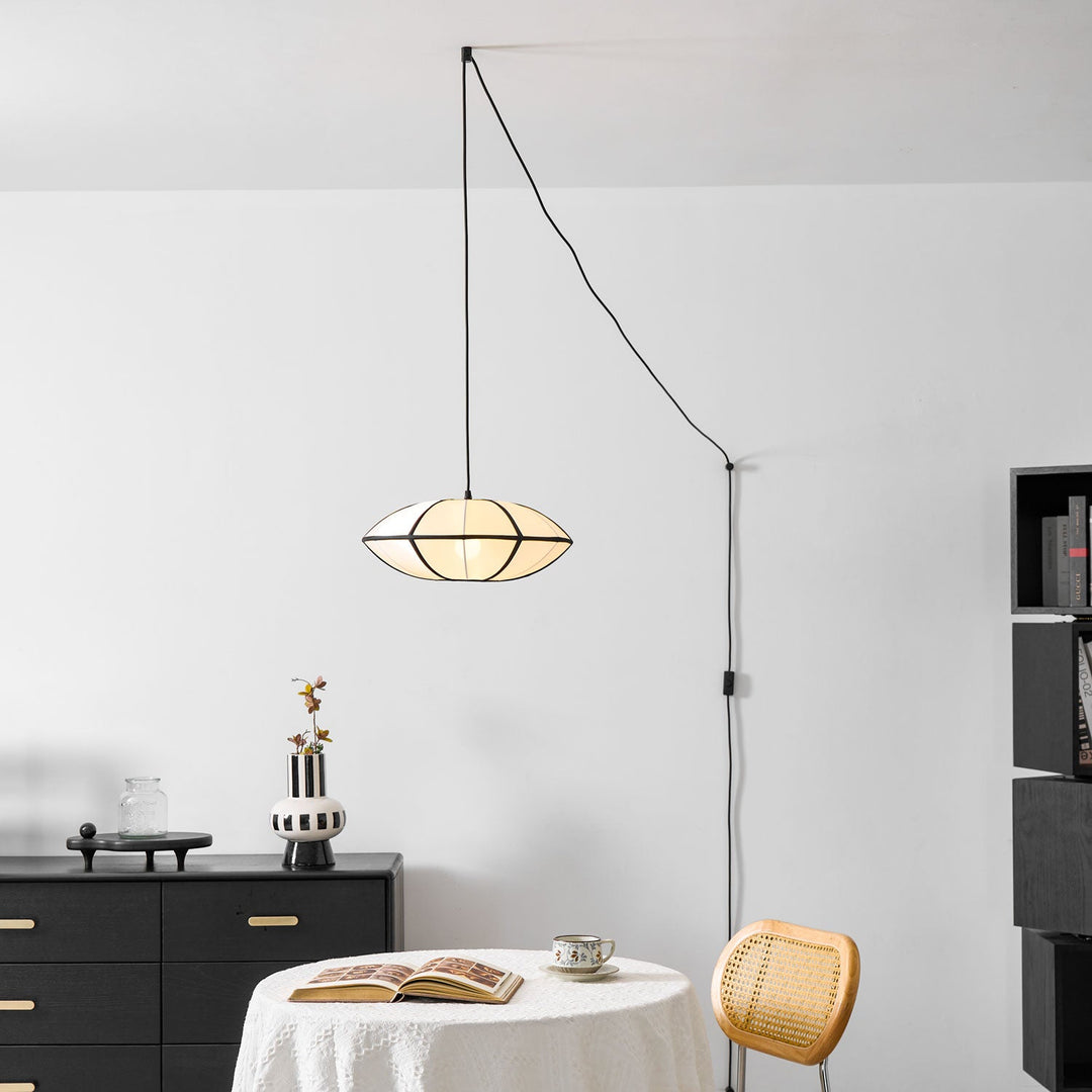 Black Metal White Fabric Plug-In Swag Pendant