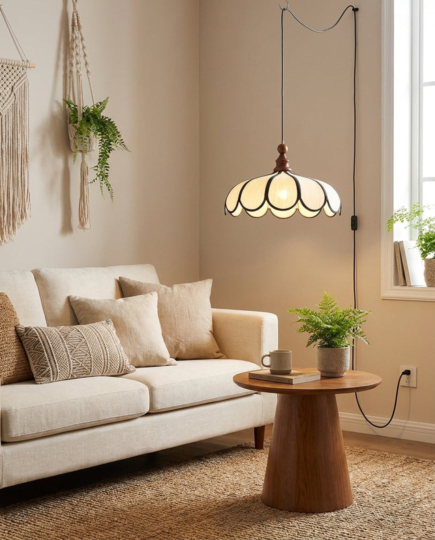 Scalloped Abaca Woven Plug-In Swag Pendant