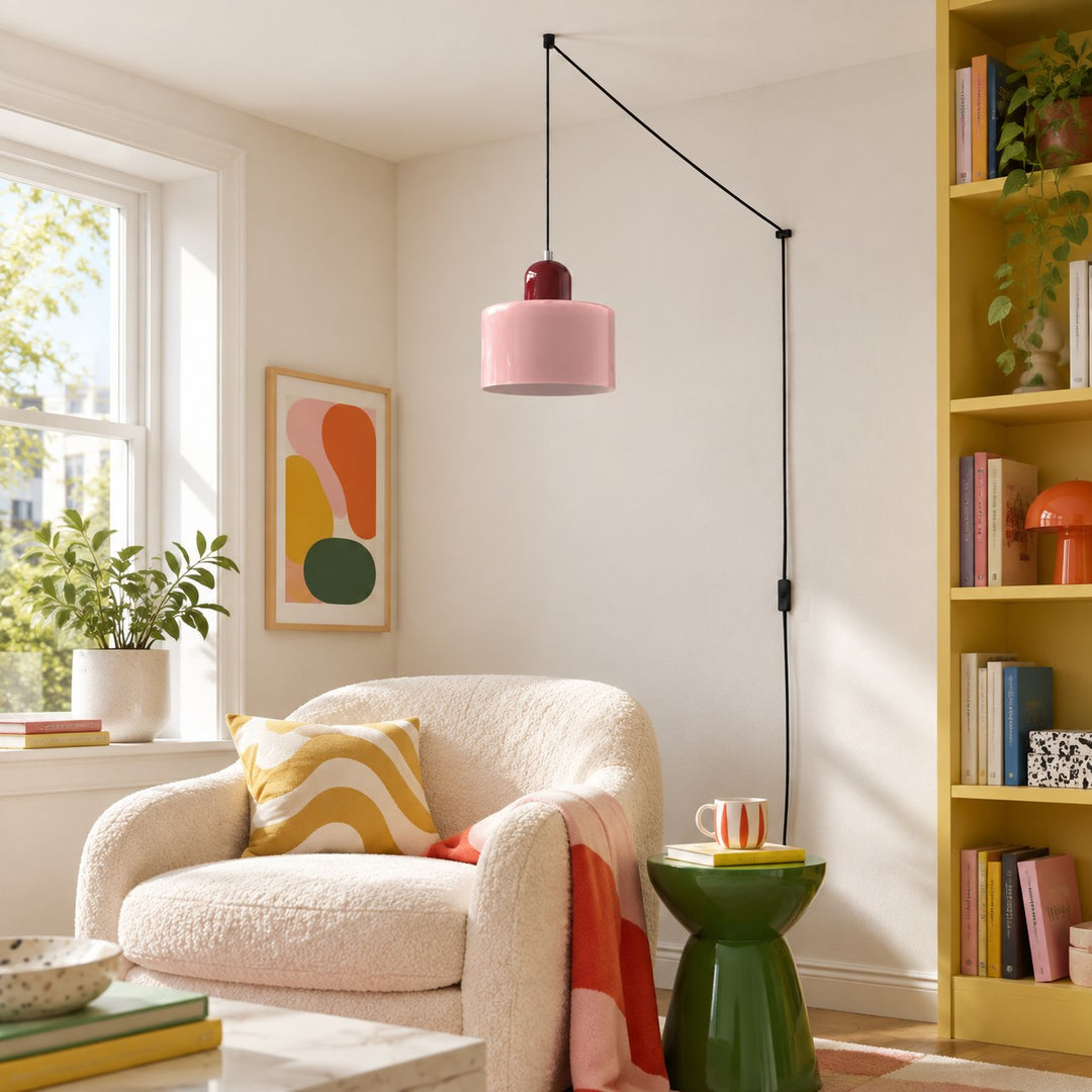 Mid‑Century Macaron Plug‑in Swag Pendant Light - Colorful Shade Hanging Lamp for Home Decor