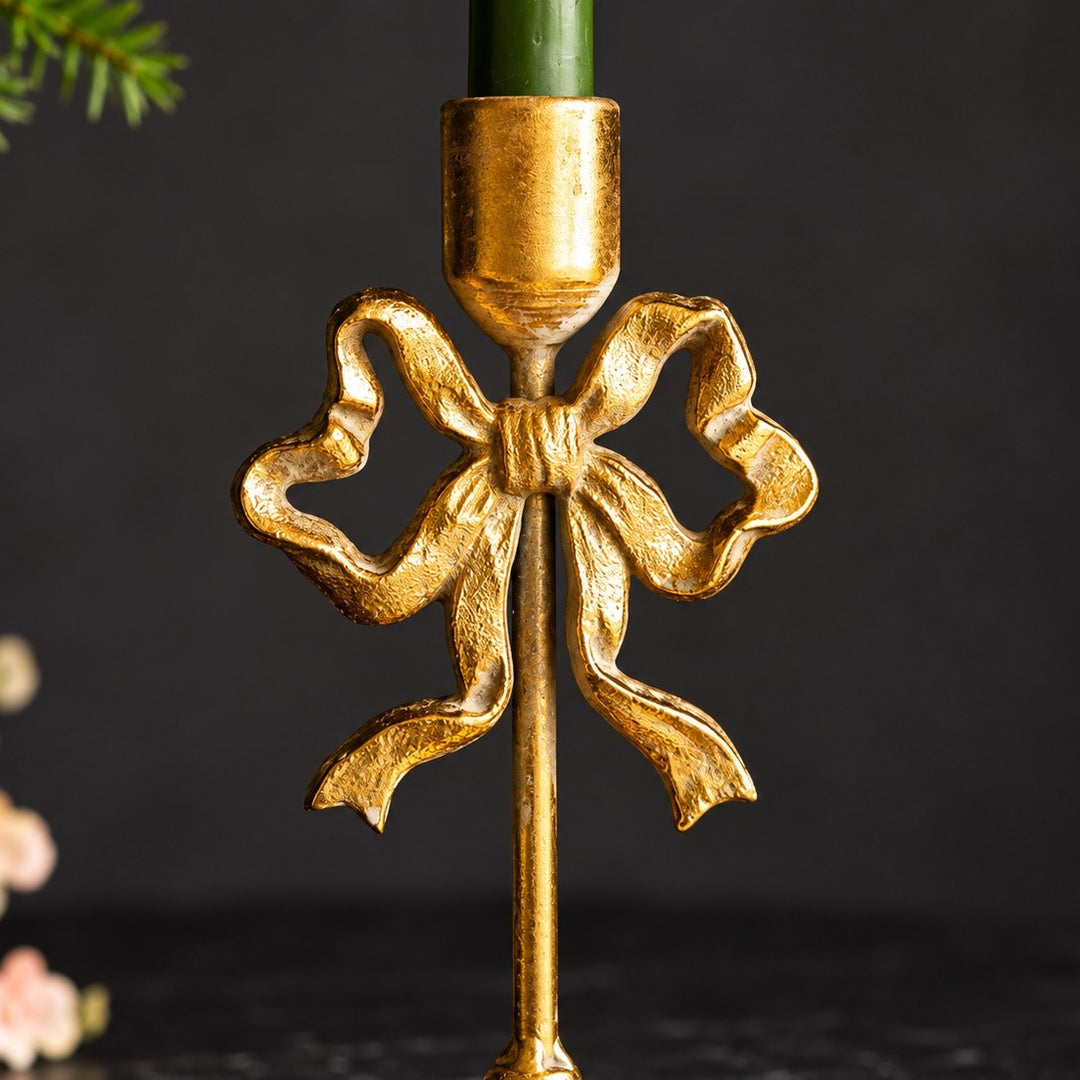 Gold Metal Bow and Milagro Heart Candle Holders