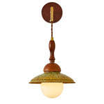 Charger l'image dans la visionneuse de galerie, Japanese wabi sabi wall sconce with walnut wood wall plate, brass arm, green textured shade and frosted globe