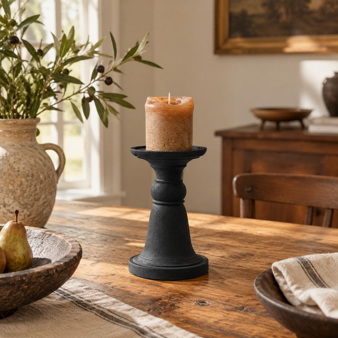 Black Pillar Candle Holder with Sculptural Pedestal Base