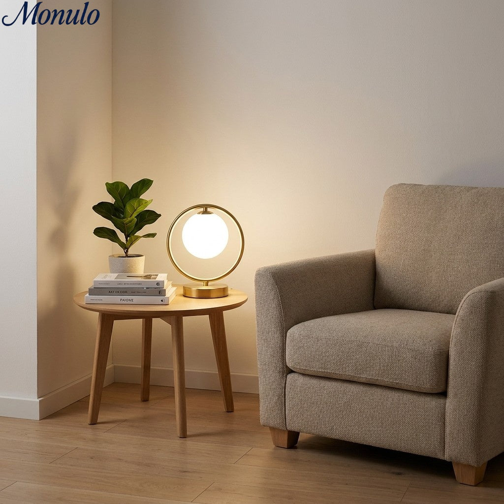 Modern Gold Frame Desk Lamp – Suspended Globe Light for Bedside and Home Office