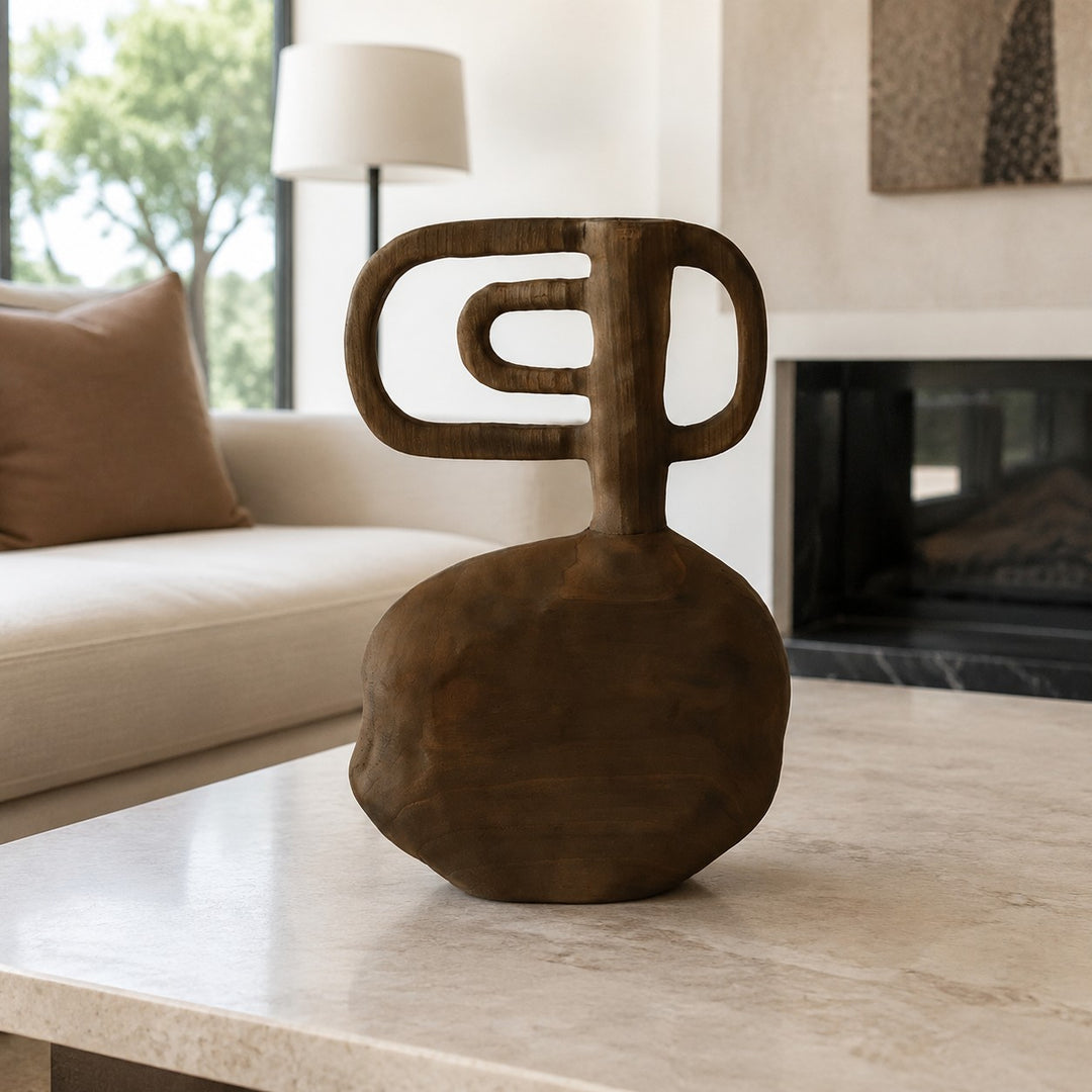 Hand-Carved Solid Wood Sculptural Vase