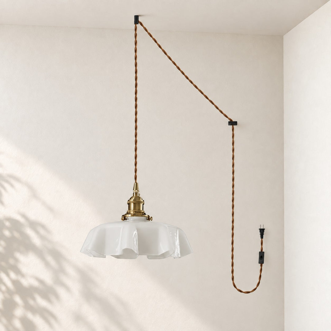 Pleated Glass Antique Brass Plug-In Swag Pendant