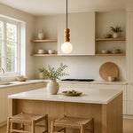 Cargar imagen en el visor de la Galería, Wood bead globe pendant in a light wood and cream kitchen