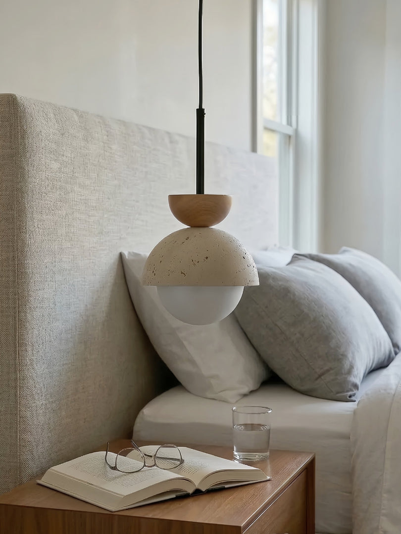 Modern Minimalist Hemisphere Travertine Wood Pendant Lamp