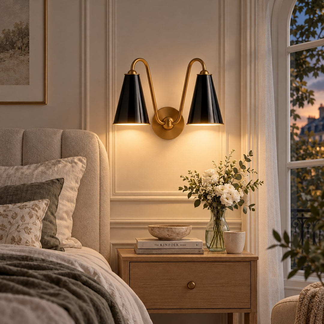 Bedroom with black metal shades, lights on