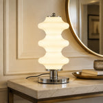 Bild in Gallery-Viewer laden, White opal glass table lamp on a marble console