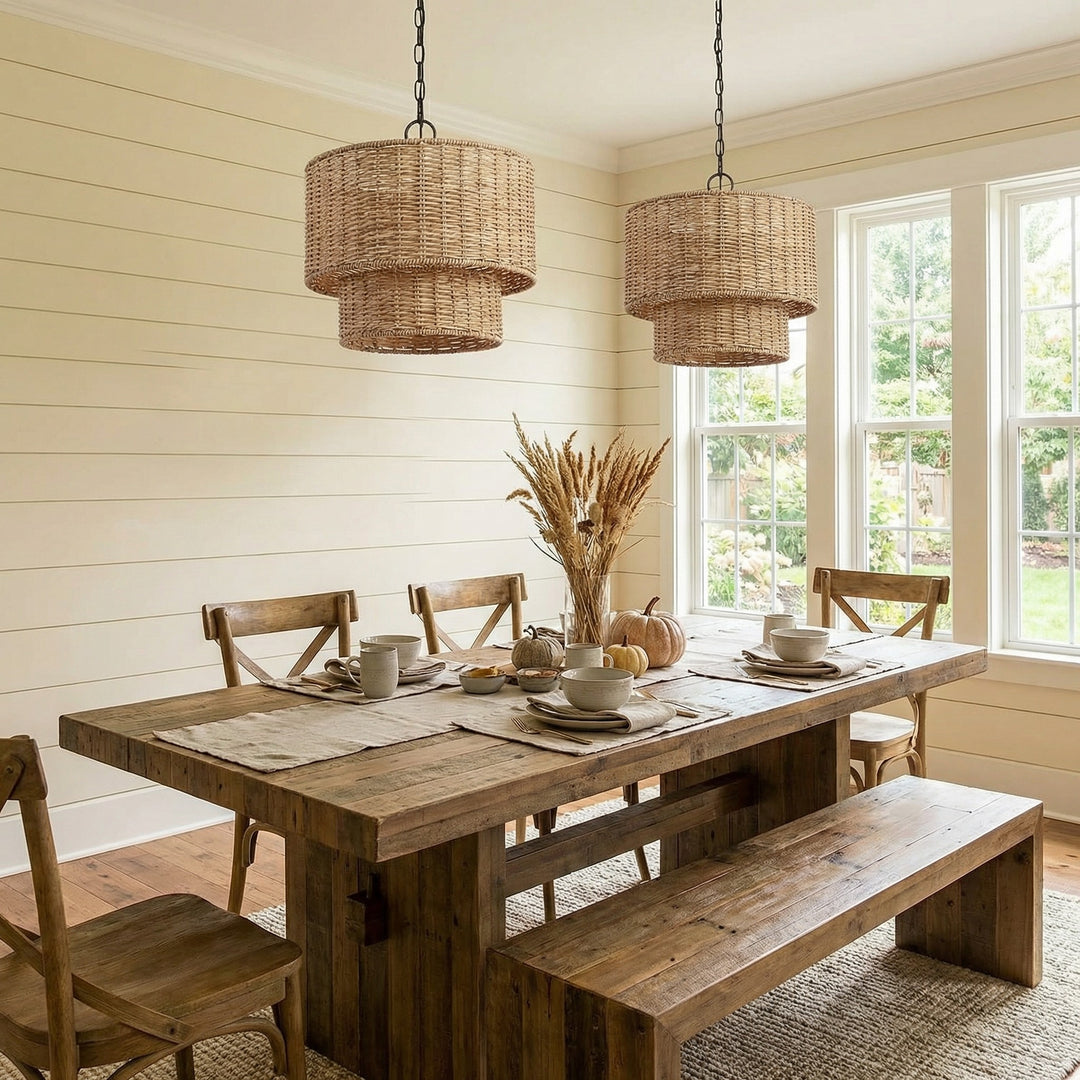 Lámpara colgante de ratán de doble tambor Rattanvo – Textura orgánica para comedores y vestíbulos