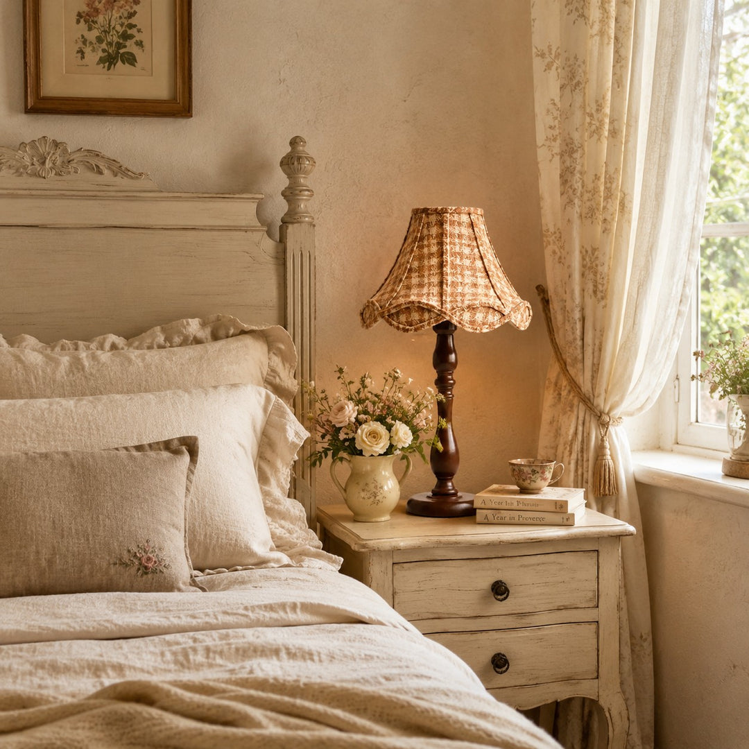 Vintage wood table lamp styled beside a bedroom
