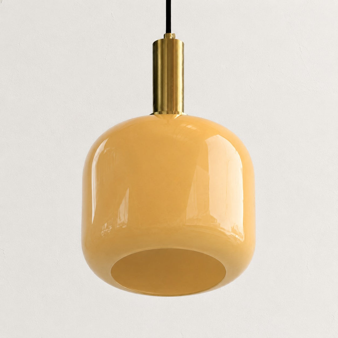 Close view of the open bottom yellow rounded glass shade
